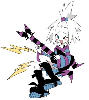 &gt;_o 1girl black_boots blue_eyes blush blush_stickers boots dress electricity full_body guitar hair_bobbles hair_ornament holding holding_guitar holding_instrument instrument long_sleeves monoa_(choco0218) nintendo one_eye_closed open_mouth pokemon pokemon_bw2 roxie_(pokemon) simple_background sitting smile solo striped_clothes striped_dress topknot two-tone_dress white_background white_hair