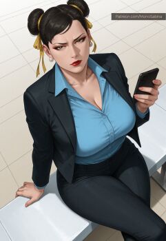 1girl capcom chun-li collarbone commentary denim dualsabina earrings highres jeans jewelry lips looking_at_viewer pants phone shirt sitting solo street_fighter