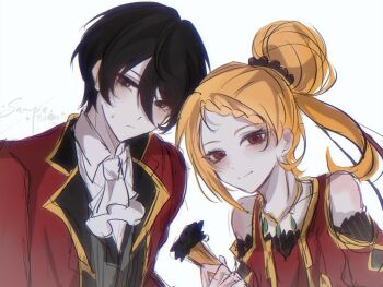 1boy 1girl ascot azhe_kanata bare_shoulders black_eyes black_hair blonde_hair braid braided_bangs brother_and_sister closed_mouth commentary_request hair_bun holding jacket jewelry long_hair looking_at_viewer necklace priscilla_barielle re:zero_kara_hajimeru_isekai_seikatsu red_eyes red_jacket shirt short_hair siblings simple_background single_hair_bun sketch smile vest vincent_vollachia white_ascot white_background white_shirt