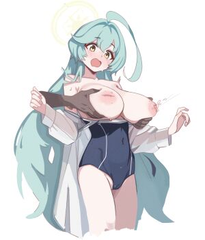 1boy 1girl absurdres abydos_high_school_swimsuit ahoge aqua_hair black_one-piece_swimsuit blue_archive blush breasts cameltoe clothes_pull commentary_request covered_navel disembodied_hand grabbing_another&#039;s_breast grabbing_from_behind groping hair_between_eyes hair_intakes halo hetero highres huge_ahoge inverted_nipples lactation large_breasts long_hair long_sleeves nipples nose_blush off_shoulder one-piece_swimsuit one-piece_swimsuit_pull open_clothes open_mouth open_shirt rehu_(astd5787) school_swimsuit shirt simple_background solo_focus swimsuit thighs trembling white_background white_shirt yellow_eyes yellow_halo yume_(blue_archive)