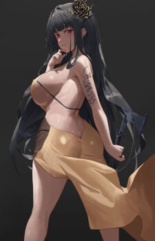 1girl axe black_flower black_hair black_rose breasts butt_crack d_(killer_wife)_(nikke) d_(killer_wife)_(secret_party_cleaner)_(nikke) d_(nikke) dress flower goddess_of_victory:_nikke gold_dress official_alternate_costume red_eyes rose sideboob solo sunai tattoo yellow_dress