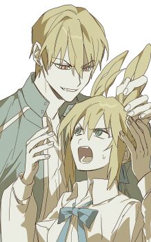 0304rong0304 1boy 1girl absurdres animal_ears artoria_pendragon_(fate) black_jacket blonde_hair blue_eyes commentary_request extra_ears fate/stay_night fate_(series) gilgamesh_(fate) gilgamesh_(immoral_biker_jacket)_(fate) grabbing_another&#039;s_ear grin hand_on_another&#039;s_ear height_difference highres jacket kemonomimi_mode korean_commentary rabbit_ears rabbit_girl red_eyes saber_(fate) smile sweatdrop