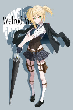 1girl absurdres bare_legs black_gloves black_jacket blonde_hair blue_gloves blue_necktie blue_skirt blue_vest breasts brown_corset character_name commentary_request corset expressionless full_body girls'_frontline girls'_frontline_2:_exilium gloves green_eyes half_gloves highres holding holding_umbrella holster jacket jacket_on_shoulders light_frown looking_at_viewer medium_breasts medium_hair miniskirt necktie open_clothes open_jacket shirt skirt solo standing striped_clothes striped_skirt thigh_holster thighs twintails umbrella vertical-striped_clothes vertical-striped_skirt vest welrod_(girls'_frontline_2) welrod_mkii_(girls'_frontline) white_shirt yukari_(mzzu7342)