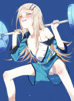 1girl blonde_hair blue_background blush breasts cameltoe covered_clitoris exercising gakuen_idolmaster hair_ornament hairclip highres idolmaster jacket long_hair niko_(tama) no_bra open_mouth orange_eyes panties shinosawa_hiro shorts simple_background single_bare_shoulder small_breasts struggling sweat track_jacket trembling underwear upshorts weightlifting white_panties
