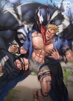 2boys abs bara barefoot beard blonde_hair blue_shirt blue_sky blush brown_shorts cloud commentary eddie_brock english_commentary facial_hair fangs highres long_tongue male_focus marvel multiple_boys muscular muscular_male nipples open_clothes open_fly open_mouth open_shirt paid_reward_available patreon_username pectorals shirt shorts sky spider-man_(series) suyohara symbiote tongue venom_(marvel) yaoi