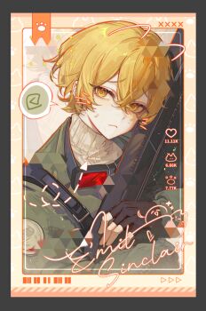 Rule 34 | 1boy, asyker, black gloves, blonde hair, character name, closed mouth, drawn ears, drawn whiskers, fingerless gloves, full-stop office (identity) (project moon), gloves, goggles, goggles around neck, green jacket, gun, hair between eyes, highres, holding, holding gun, holding weapon, jacket, limbus company, long sleeves, looking at viewer, male focus, project moon, short hair, sinclair (project moon), social network, solo, spoken squiggle, squiggle, sweater, turtleneck, turtleneck sweater, upper body, weapon, white sweater, yellow eyes