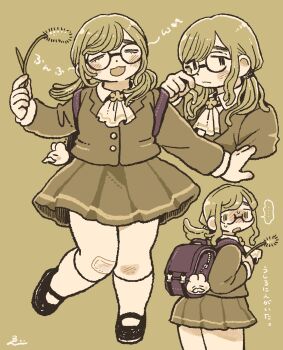 Rule 34 | ..., 1girl, :3, :d, backpack, bag, bandaid, bandaid on knee, bandaid on leg, black-framed eyewear, black eyes, black shoes, blush, closed eyes, commission, cropped torso, curvy, dot nose, ebiebi, embarrassed, facing viewer, full body, green background, green hair, green jacket, green skirt, hand up, happy, highres, holding, holding plant, jacket, knees together feet apart, legs together, light frown, limited palette, loafers, long hair, long sleeves, looking back, low twintails, miniskirt, multiple views, musical note, neckerchief, no pupils, no sclera, nose blush, open mouth, original, plant, pleated skirt, purple bag, round eyewear, shoes, signature, simple background, skeb commission, skirt, smile, socks, spoken musical note, standing, standing on one leg, sweat, tareme, thick arms, thick thighs, thighs, translation request, twintails, white neckerchief, white socks