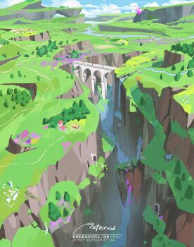 asteroid_ill blue_sky bridge building canyon cloud cloudy_sky commentary_request day highres original outdoors path river road scenery sky tree water waterfall