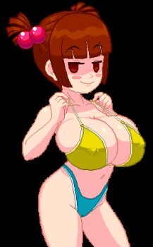 1girl :3 air-strip_angel animated bare_shoulders bikini bikini_pull blair_(air-strip_angel) blunt_bangs blush_stickers bouncing_breasts breasts closed_mouth clothes_pull collarbone covered_erect_nipples female_focus freckles grin hair_bobbles hair_ornament highleg highleg_bikini huge_breasts looking_at_viewer oppai_loli pixel_art red_eyes red_hair shiny_skin short_hair short_twintails smile smug solo sprite standing string_bikini swimsuit tim-buktu transparent_background twintails yellow_bikini