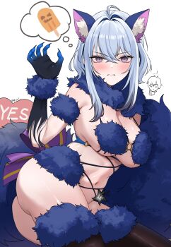 1girl absurdres ahoge animal_ear_fluff ass black_thighhighs blake_bloom_(wuthering_waves) blue_nails breasts cleavage commentary_request cosplay fate/grand_order fate_(series) fingernails food galbrena_(wuthering_waves) gamcha grey_hair hair_between_eyes hair_intakes highres korean_commentary large_breasts long_hair looking_at_viewer male_rover_(wuthering_waves) mash_kyrielight mash_kyrielight_(dangerous_beast) mash_kyrielight_(dangerous_beast)_(cosplay) navel parted_lips popsicle purple_eyes rover_(wuthering_waves) sharp_fingernails sidelocks simple_background solo speech_bubble stomach thighhighs thighs thought_bubble very_long_fingernails white_background wuthering_waves yes-no_pillow