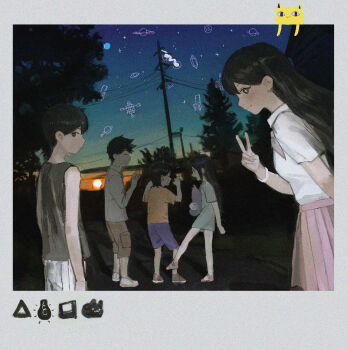 2girls 3boys absurdres album_cover_redraw alternate_costume aubrey_(faraway)_(omori) aubrey_(omori) big_yellow_cat_(omori) black_eyes black_hair black_tank_top blue_shirt blush bow bracelet brother_and_sister brothers brown_hair brown_shorts closed_eyes closed_mouth collared_shirt derivative_work film_grain forest_bunny_(omori) hair_bow hero_(faraway)_(omori) hero_(omori) highres holding holding_stuffed_toy jewelry kel_(faraway)_(omori) kel_(omori) long_hair long_shirt looking_at_another looking_at_viewer mari_(faraway)_(omori) mari_(omori) mr._plantegg_(omori) multiple_boys multiple_girls neckerchief night omori open_mouth orange_shirt outdoors photo_(object) pink_bow pleated_skirt power_lines red_neckerchief red_skirt shirt short_hair short_sleeves shorts siblings skirt smile solipsist striped_clothes striped_shorts stuffed_eggplant stuffed_toy sunny_(omori) sunrise t-shirt tank_top teeth the_now_now_and_never_(album) tree v vertical-striped_clothes vertical-striped_shorts white_shirt white_shorts