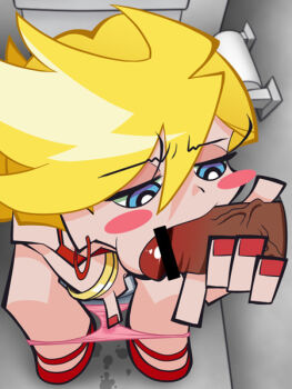 10s 1girl blonde_hair blue_eyes blush blush_stickers censored dark_penis fellatio female_masturbation fingering glory_hole hetero interracial kazgok long_hair masturbation middle_finger nail_polish official_style oral panties panty_&amp;_stocking_with_garterbelt panty_(psg) penis pinky_out pussy_juice service skirt toilet toilet_use underwear