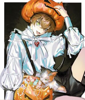 Rule 34 | 1boy, adjusting clothes, adjusting headwear, alban knox, bare legs, black background, black shorts, brown eyes, calico (pattern), candy, cat, fang, food, halloween bucket, hand on ground, heart, heart necklace, heterochromia, highres, jewelry, long sleeves, looking at viewer, neck ribbon, necklace, nijisanji, nijisanji en, open mouth, orange headwear, pearl (pe4rrrrrl), pumpkin hat, ribbon, ring, shirt, short hair, short shorts, shorts, simple background, sitting, solo, tongue, two-tone background, virtual youtuber, white background, white shirt, yellow eyes