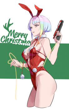 1girl absurdres alternate_costume animal_ears ass bare_legs bare_shoulders bigroll bodysuit breasts christmas cleavage commentary_request cropped_legs cyberpunk cyberpunk:_edgerunners cyberpunk_(series) eyeliner fake_animal_ears gun handgun highleg highleg_leotard highres hip_bones holding holding_gun holding_weapon large_breasts legs leotard lucy_(cyberpunk) maid makeup merry_christmas multicolored_hair parted_lips playboy_bunny rabbit_ears red_bodysuit red_eyeliner red_leotard red_lips short_hair sideboob simple_background solo streaked_hair underboob weapon white_hair