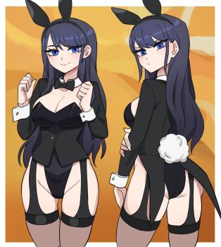 1girl animal_ear_hairband animal_ears ass black_bow black_bowtie black_hair black_hairband black_jacket black_leotard blue_eyes border bow bowtie breasts cleavage closed_mouth collar commentary commentary_request cosplay cowboy_shot detached_sleeves fake_animal_ears hairband hands_up highleg highleg_leotard highres holding_own_arm hyyun_ho izayoi_arisa izayoi_arisa_(cosplay) jacket kitagawa_marin large_breasts leotard long_hair long_sleeves looking_at_viewer looking_back multiple_views outside_border playboy_bunny rabbit_ear_hairband rabbit_ears smile sono_bisque_doll_wa_koi_wo_suru strapless strapless_leotard tailcoat tailcoat_playboy_bunny thighhighs white_border white_collar yellow_background