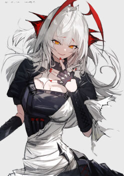 1girl absurdres antenna_hair arknights black_gloves breasts cleavage cowboy_shot dated demon_horns fingerless_gloves gloves grey_hair grin highres horns large_breasts looking_at_viewer official_alternate_costume orange_eyes parted_lips pppmepl red_nails smile smirk solo torn_clothes w_(arknights) wis&#039;adel_(arknights) wis&#039;adel_(supernova)_(arknights)