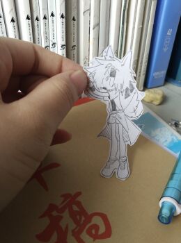 Rule 34 | 1other, androgynous, animal ears, coat, commentary, dog ears, dog tail, english commentary, fang, graphite (medium), greyscale, headband, highres, kurohebi, len'en, ling s, monochrome, no nose, open clothes, open coat, open mouth, other focus, paper child, short hair, short sleeves, shorts, tail, tail wagging, traditional media