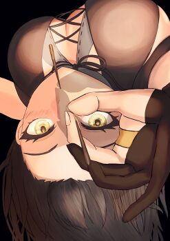 1girl absurdres aoi_(ayakaze_aoi) black_hair blush breasts cleavage cleavage_cutout clothing_cutout colored_inner_hair cross-laced_clothes cross-laced_top dress female_rover_(wuthering_waves) food food_in_mouth gloves highres large_breasts long_hair looking_at_viewer multicolored_hair nail_polish partially_fingerless_gloves pocky pocky_in_mouth pouch rover_(wuthering_waves) sideboob sleeveless upper_body upside-down wuthering_waves yellow_eyes