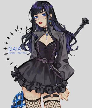 1girl ailout2 belt black_dress black_hair black_nails blue_eyes blue_gemstone breasts character_name cleavage copyright_name cowboy_shot dissidia_duellum_final_fantasy dissidia_final_fantasy dress earrings final_fantasy final_fantasy_xiv fishnet_thighhighs fishnets gaia_(ff14) gem grey_background grey_jacket highres holding holding_behind_back holding_weapon_behind_back jacket jewelry long_hair medium_breasts nail_polish official_alternate_costume parted_lips red_lips solo suspenders thigh_strap thighhighs