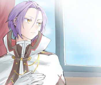 1boy black_shirt cape closed_mouth curtains gagamu8888 gloves hair_between_eyes hand_on_own_chest high_collar highres jacket julius_juukulius knight looking_to_the_side male_focus purple_hair re:zero_kara_hajimeru_isekai_seikatsu serious shirt short_hair solo white_gloves white_jacket window yellow_eyes