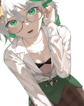 1girl bespectacled black_bra bra breasts brown_skirt cecilia_immergreen commentary diamond-shaped_pupils diamond_(shape) doll_joints dutch_angle english_commentary glasses green_eyes green_hair hair_ornament highres hololive hololive_english houndstooth joints looking_at_viewer multicolored_hair open_clothes partially_unbuttoned print_skirt radical_highway round_eyewear short_hair simple_background skirt small_breasts solo streaked_hair symbol-shaped_pupils tucking_hair underwear upper_body virtual_youtuber white_background white_hair winding_key yellow-framed_eyewear