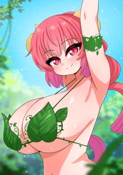 1girl absurdres arm_up armpits bikini blue_sky blurry blurry_background blurry_foreground breasts closed_mouth curled_horns day depth_of_field gradient_hair highres horns huge_breasts ilulu_(maidragon) kobayashi-san_chi_no_maidragon leaf_bikini looking_at_viewer multicolored_hair outdoors pink_hair pointy_ears purple_hair red_eyes sky slit_pupils smile solo swimsuit the_only_shoe twintails two-tone_hair upper_body