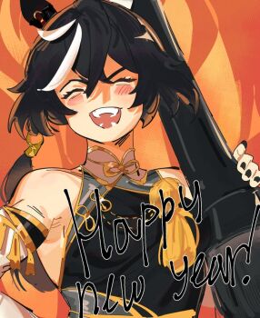 1girl ^_^ animal_ears bare_shoulders black_dress black_hair black_nails blush_stickers carrying_over_shoulder china_dress chinese_clothes closed_eyes collared_dress commentary contrast_collar crossed_bangs detached_sleeves dress ear_covers english_commentary eyelashes fiery_background fire hair_between_eyes hair_extensions happy happy_new_year holding holding_pen horse_ears horse_girl katsuragi_ace_(pen_name:_ink_dragon)_(umamusume) katsuragi_ace_(umamusume) long_hair long_sleeves low_ponytail mismatched_ear_covers multicolored_hair nail_polish neck_ribbon new_year open_mouth orange_background oversized_object pdvl pen ponytail ribbon ring_hair_extensions smile solo streaked_hair tassel teeth umamusume upper_body white_sleeves yellow_ribbon