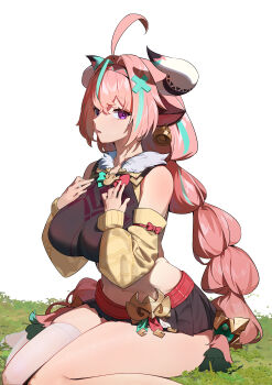 1girl absurdres ahoge animal_ears aqua_hair bare_shoulders black_shirt black_skirt braid braided_beard breasts commentary_request cow_ears cow_girl cow_horns crop_top curvy detached_sleeves facial_hair genshin_impact hair_intakes hair_ornament hairband hands_on_own_chest highres horns large_breasts long_hair looking_at_viewer midriff miniskirt multicolored_hair navel on_grass parted_lips pink_hair pleated_skirt purple_eyes raywallin shirt sideways_glance single_thighhigh sitting skindentation skirt sleeve_bow solo streaked_hair thick_thighs thighhighs thighs two-tone_hair varesa_(genshin_impact) wariza white_thighhighs x_hair_ornament yellow_sleeves