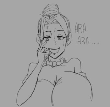 1girl ara_ara artist_request breasts cleavage death_tome drooling earrings female_focus hair_bun highres jewelry large_breasts looking_at_viewer marge_simpson mature_female monochrome mouth_drool open_mouth short_hair single_hair_bun sketch solo source_request sweat text_focus the_simpsons