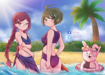 2girls :3 ahoge beach bikini blue_bikini blue_sarong blue_sky blush bracelet braid breasts cleavage closed_mouth cloud commentary danganronpa:_trigger_happy_havoc danganronpa_(series) danganronpa_2:_goodbye_despair danganronpa_another_episode:_ultra_despair_girls danganronpa_s:_ultimate_summer_camp day english_commentary eyelashes facebook_logo facebook_username fukawa_toko glasses goggles goggles_on_head grass green_eyes green_hair hair_ornament hairclip hand_on_own_arm heterochromia holding holding_water_gun jewelry long_hair looking_back mole mole_under_mouth monomi_(danganronpa) multiple_girls naegi_komaru navel open_mouth outdoors palm_tree purple_bikini purple_eyes purple_hair sand sarong shore sky smile snorkel split-color_clothes split_mouth stomach sunlight swim_goggles swim_ring swimsuit tree twin_braids twintails twitter_logo twitter_username two-tone_one-piece_swimsuit two-tone_swimsuit wading water water_gun yuri-usagi