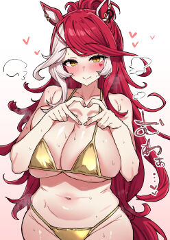 1girl animal_ears bikini blush breasts cleavage closed_mouth colored_inner_animal_ears commentary_request facial_mark four-finger_heart_hands gold_bikini heart heart_facial_mark heart_hands highres horse_ears horse_girl horse_tail huge_breasts long_hair looking_at_viewer loves_only_you_(umamusume) mark_under_eye multicolored_hair navel red_hair shimiya_(aokuchi) simple_background skindentation smile solo sound_effects steaming_body stomach streaked_hair sweat swimsuit tail umamusume white_background white_streaks yellow_eyes