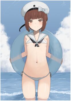 1girl beach bikini black_neckerchief blue_sky blunt_bangs blush bow breasts brown_eyes brown_hair clothes_writing cloud commentary_request day hat hat_bow highres holding holding_swim_ring innertube kantai_collection looking_at_viewer micro_bikini nao_salad neckerchief ocean official_alternate_costume outdoors sailor_bikini sailor_collar sailor_hat short_hair signature sky small_breasts smile solo standing swim_ring swimsuit wading water white_bikini white_bow white_hat white_sailor_collar z3_max_schultz_(kancolle)