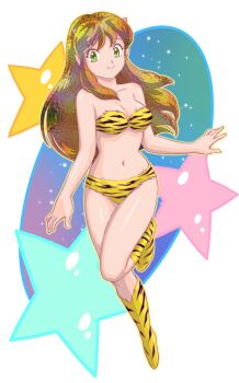 1girl animal_print bare_arms bare_shoulders bikini blonde_hair breasts cleavage closed_mouth commentary_request cone_horns full_body green_eyes highres horns kneehighs leg_up long_hair looking_at_viewer lum medium_breasts mizutani_kenta navel pointy_ears print_bikini print_socks sidelocks smile socks solo star_(sky) star_(symbol) stomach strapless strapless_bikini swimsuit thighs tiger_print urusei_yatsura