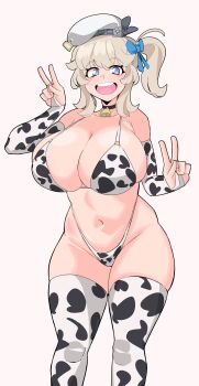 1girl :d absurdres alternate_breast_size_(larger) animal_print bell beret bikini blonde_hair blue_bow blue_eyes blush bow breasts cleavage commentary cow_print cow_print_bikini curvy double_v girls'_frontline girls'_frontline_2:_exilium groin hair_between_eyes hair_bow hands_up happy hat highleg highleg_bikini highres hip_focus large_breasts navel neck_bell open_mouth print_bikini side_ponytail smile solo standing stomach swimsuit teeth thighhighs thighs thong thong_bikini two_handy upper_teeth_only v vepley_(girls'_frontline_2) white_hat wide_hips