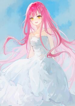 1girl absurdres bare_arms bare_shoulders blue_sky cloud collarbone day dianzishashouqiuyuban dot_nose dress feet_out_of_frame frilled_dress frills hair_between_eyes happy highres infinity_nikki light_blush light_particles long_dress long_hair long_sidelocks looking_at_viewer nikki_(nikki) nikki_(series) open_mouth outdoors pink_hair sidelocks sky smile solo standing strapless strapless_dress teeth upper_teeth_only very_long_hair wavy_hair white_dress yellow_eyes