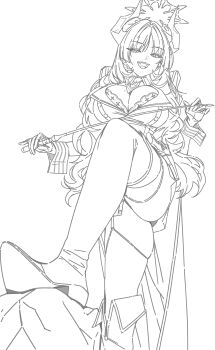 Rule 34 | 1girl, absurdres, blue archive, boots, bra, bra peek, breasts, buttons, center opening, cleavage, commentary, demon girl, demon horns, detached collar, dress, drive shot, fangs, fluffy hair, garter straps, gloves, greyscale, gun, halo, high heel boots, high heels, highres, holding, holding wand, horns, large breasts, leg up, lineart, long hair, long sleeves, looking at viewer, looking down, military uniform, mole, mole on breast, monochrome, narrowed eyes, open mouth, panties, panty peek, satsuki (blue archive), school uniform, short dress, sidelocks, sketch, solo, stepped on, symbol-only commentary, thighhighs, tongue, underwear, very long cape, very long hair, wand, weapon, white background