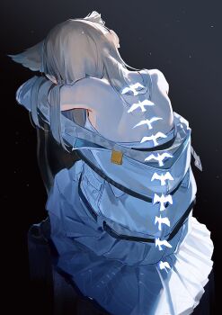 1girl absurdres animal_ears arknights arknights:_endfield bare_shoulders bird bird_ears bird_girl black_pantyhose chinese_commentary circle_skirt commentary_request dark dress extra_ears facing_away from_behind glowing_bird grey_hair highres hood hood_down hooded_jacket hugging_own_legs jacket knees_to_chest legs_folded long_hair median_furrow off_shoulder pantyhose perlica_(arknights) pleated_dress quilted_jacket reflection sanyue_xun short_dress shoulder_blades sidelighting solo spine white_bird white_dress white_jacket