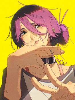 1girl black_choker chainsaw_man choker freakifier green_eyes grenade_pin grey_shirt hair_between_eyes hair_bun highres looking_at_viewer purple_hair reze_(chainsaw_man) shirt simple_background solo yellow_background