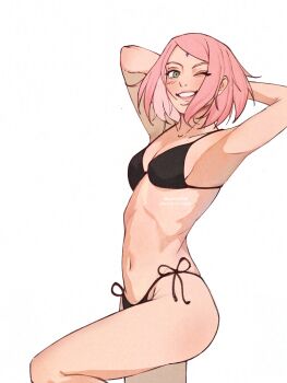 1girl absurdres bikini black_bikini blush boruto:_naruto_next_generations boruto_(series) commentary english_commentary facial_mark forehead_mark green_eyes hanarteoficial haruno_sakura highres naruto_(series) pink_hair short_hair simple_background smile solo swimsuit topless_female white_background