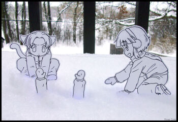 Rule 34 | 2girls, animal ears, border, buried, cat ears, image sample, mittens, multiple girls, paper child, papercraft, photo (medium), pimmy, snow