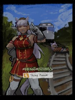 2girls animal_ears black_border border bound bow bowtie breasts c-orgiis commentary day dress english_commentary feet_out_of_frame forest gloves gold_ship_(umamusume) grass hand_up hat headphones highres horse_ears horse_girl imminent_death implied_extra_ears long_hair looking_at_viewer medium_breasts mejiro_mcqueen_(umamusume) multiple_girls nature on_railroad_tracks outdoors pantyhose pink_eyes purple_hair railroad_tracks red_bow red_bowtie sleeveless sleeveless_dress smile standing tied_up_(nonsexual) train trolley_problem_(meme) umamusume very_long_hair white_gloves white_pantyhose