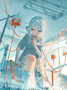 051_ogoli 1girl :o absurdres bandaged_chest bandaged_leg bandages bandaid bandaid_on_cheek bandaid_on_face bandaid_on_knee bandaid_on_leg bed blood blood_bag collar colored_extremities commentary_request facial_tattoo feet_out_of_frame from_below grey_robe hair_between_eyes hair_rings hand_on_own_chest highres hospital hospital_bed indoors intravenous_drip iv_stand long_hair long_hair_between_eyes looking_down metal_collar number_tattoo on_bed one_side_up open_mouth original plant red_eyes robe robe_partially_removed ruins short_sleeves single_bare_shoulder single_hair_ring single_off_shoulder sitting solo tattoo vines white_hair