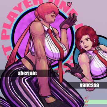 2girls ass breasts curvy earrings female_focus formal_clothes gloves hands_up heart highres huge_ass jewelry kneeling large_breasts leather long_hair looking_at_viewer multiple_girls pale_skin pants red_eyes red_hair see-through_clothes shermie_(kof) shirt short_hair smile tan taurence_bell the_king_of_fighters thick_thighs thighs twintails vanessa_(kof) white_shirt wide_hips