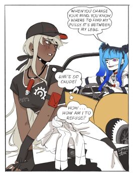 2girls amemiya_darumi black_bow black_gloves black_hair black_hat blonde_hair blue_hair bow car ccofffee_apk collar crop_top dark-skinned_female dark_skin driving ear_piercing fingerless_gloves gloves hat heart highres kawana_tsubasa long_sleeves looking_at_another looking_back motor_vehicle multicolored_hair multiple_girls one_eye_closed pants piercing pink_eyes ponytail red_collar safety_pin shirt short_sleeves sitting sitting_on_table striped_clothes striped_shirt the_hundred_line_-last_defense_academy- twintails white_background white_pants yellow_car yuri