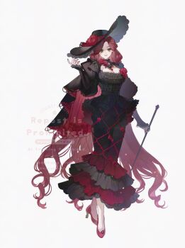 1girl black_dress black_gloves breasts character_request copyright_request dress eikura_hana elbow_gloves full_body gloves hat high_heels highres holding large_breasts long_hair looking_at_viewer low_neckline nail_polish red_eyes simple_background smile solo standing watermark white_background