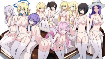 6+girls ahoge alternate_costume animal_ear_fluff animal_ears antenna_hair aqua_eyes arms_at_sides ass bare_back bare_shoulders black_eyes black_hair blonde_hair blue_eyes blue_hair boku_wa_tomodachi_ga_sukunai bra braid braided_bun breasts bridal_lingerie brown_eyes brown_hair butt_crack cait_aron candy character_request cleavage closed_mouth collarbone colored_inner_hair commentary commentary_request copyright_request crossover crown crown_braid crown_of_thorns double-parted_bangs elbow_gloves english_commentary fischl_(ein_immernachtstraum)_(genshin_impact) fischl_(genshin_impact) fleurdelys_(wuthering_waves) floating_crown food food_in_mouth garter_belt genshin_impact glasses gloves green_eyes hair_between_eyes hair_bun hair_ornament hair_over_one_eye hair_scrunchie hakui_koyori hand_up hands_up hat hexagon hexagon_hair_ornament highres hololive horns kuonji_alice lace lace-trimmed_legwear lace_trim large_breasts leaning_forward lingerie lollipop long_hair long_horns looking_at_viewer lowleg lowleg_panties mahou_tsukai_no_yoru median_furrow medium_breasts medium_hair mixed-language_commentary multicolored_hair multiple_crossover multiple_girls navel open_mouth panties parted_bangs pink_hair pink_tail pointy_ears ponytail purple_eyes purple_hair red_eyes rosario+vampire scrunchie senran_kagura shiguma_rika shirayuki_mizore short_hair sideboob sidelocks simple_background single_horn sitting smile standing stomach swept_bangs tail thighhighs tongue tongue_out turning_head underboob underwear very_long_hair virtual_youtuber white_background white_bra white_garter_belt white_gloves white_hat white_panties white_thighhighs wolf_ears wolf_girl wolf_tail wuthering_waves yellow_horns yellow_scrunchie yomi_(senran_kagura) yuki_onna