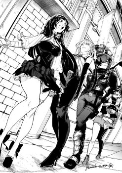 03_kyv 1boy 3girls artist_name astra_yao astra_yao_(chandelier) bangboo_(zenless_zone_zero) bare_shoulders belle_(zenless_zone_zero) black_dress black_hair black_pants black_shirt blush breasts camera chest_harness cleavage closed_mouth commentary_request crossed_bangs dress elbow_gloves eous_(zenless_zone_zero) evelyn_chevalier footwear_ribbon from_below gem gloves greyscale hair_between_eyes hair_ornament hair_over_one_eye hands_in_pockets harness high-waist_pants highres holding holding_camera jacket jewelry large_breasts latex_pants leather leather_jacket letter_hair_ornament lighter_(zenless_zone_zero) long_hair looking_at_another monochrome multiple_girls necklace necktie official_alternate_costume open_mouth outdoors pants pearl_(gemstone) scarf shirt short_hair shoulder_spikes single_elbow_glove single_thighhigh smile snap_(zenless_zone_zero) sparkle spiked_jacket spikes sunglasses thigh_beads thigh_strap thighhighs tight_clothes tight_pants torn_clothes torn_scarf uneven_bangs zenless_zone_zero