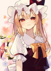 Rule 34 | 1girl, alternate hairstyle, blonde hair, bow, bowtie, closed mouth, commentary request, crystal, flandre scarlet, flower wings, hat, hat bow, highres, light smile, long hair, looking at viewer, mob cap, orange bow, orange bowtie, puffy short sleeves, puffy sleeves, red bow, red eyes, red vest, shirt, short sleeves, solo, straight hair, touhou, upper body, vest, white shirt, yuineko