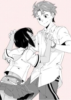 Rule 34 | 1boy, 1girl, back peek, blush, chuo tanegashima high school uniform, clothes lift, commentary request, daitoku junna, dark-skinned female, dark skin, dress shirt, greyscale, height difference, hetero, holding hands, ikuhashi muiko, interlocked fingers, median furrow, miniskirt, monochrome, nervous sweating, open mouth, pants, pleated skirt, robotics;notes, sailor collar, school uniform, science adventure, shirt, shirt lift, short hair, skirt, smile, summer uniform, surprised, sweat, tablet pc, white sailor collar, yashio kaito