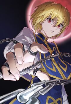Rule 34 | 1boy, absurdres, blonde hair, blue tabard, chain, commentary request, earrings, fingernails, from below, full moon, hand chains, highres, hunter x hunter, jewelry, kurapika, long sleeves, looking at viewer, male focus, moon, parted lips, red eyes, red moon, risu (risuuu q), shirt, short hair, solo, tabard, upper body, white shirt